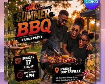 Summer BBQ Family Party Flyer Canva Template | DIY Editable Family Reunion Invitation (Digital Download)