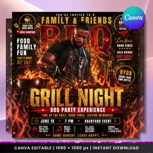 Op de afbeelding: Een promotieflyer voor een BBQ Grill Night evenement. De afbeelding toont een man die grilt, met tekst als "Family & Friends BBQ", "Grill Night" en evenementdetails. De flyer bevat graphics en een vurige achtergrond.