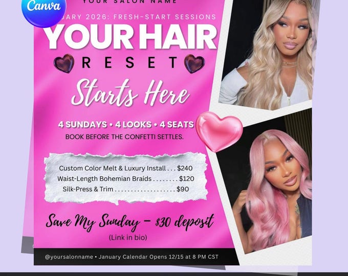 January Hair Reset Flyer – Editable Canva Template – Salon & Beauty Promotion – Digital Download