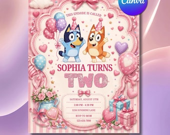 Bluey Heeler Birthday Invitation, Pastel Pink Cartoon Dog Party Template (Digital Download)