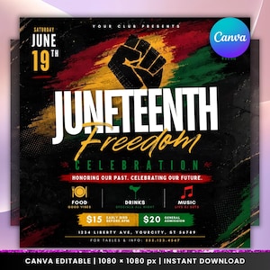 Puede incluir: Un folleto de la celebración de la libertad del Juneteenth con un fondo negro, con texto blanco y dorado. El diseño incluye un puño en alto y las palabras "Juneteenth Freedom Celebration". El folleto también enumera los detalles del evento.