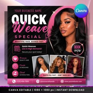 Quick Weave Special Flyer, Hair Stylist Booking Template, DIY Canva Editable (Digital Download)
