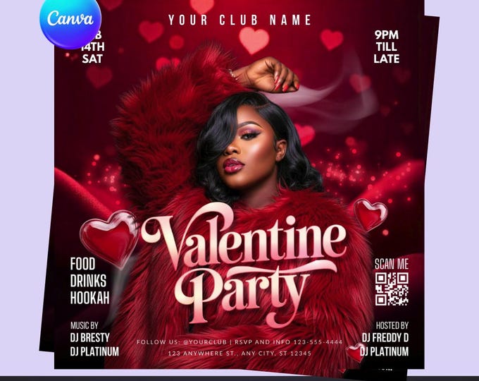 Valentine's Day Party Flyer Template, Nightclub Event, Editable Canva Design (Digital Download)