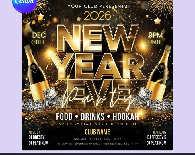 New Year Eve Party Flyer – Editable Canva Template | Club & Lounge Event Flyer | Digital Download