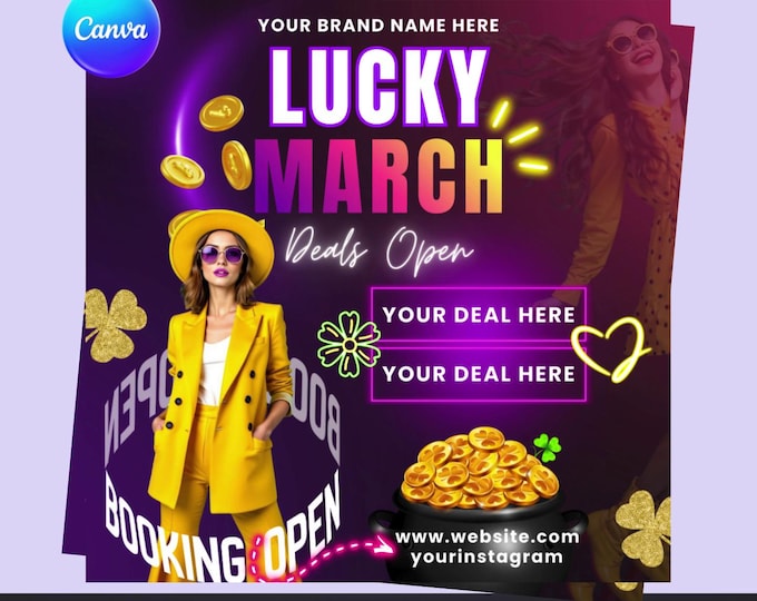 St. Patrick's Day Salon Flyer | Neon March Booking Template (Canva Editable, Digital Download)