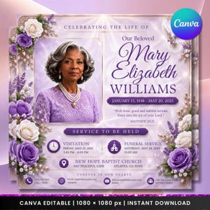 May include: A funeral programme template featuring a portrait of a woman in a lavender lace top with a pearl necklace. The design includes purple and white roses, a dove, and text reading Celebrating the Life of Our Beloved Mary Elizabeth Williams.