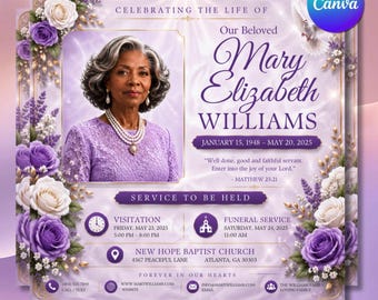 Lavender Funeral Announcement Flyer, Purple Rose Celebration of Life Canva Template (Digital Download)
