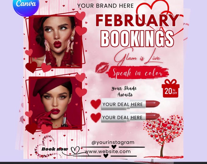February Booking Flyer Canva Template | Valentine Booking Flyer | Editable Beauty Salon Flyer | Glam Promotion