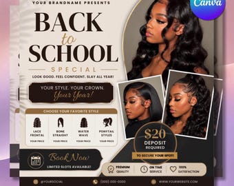 Back to School Wig Install Flyer, Luxury Hair Booking Template (Canva Editable)