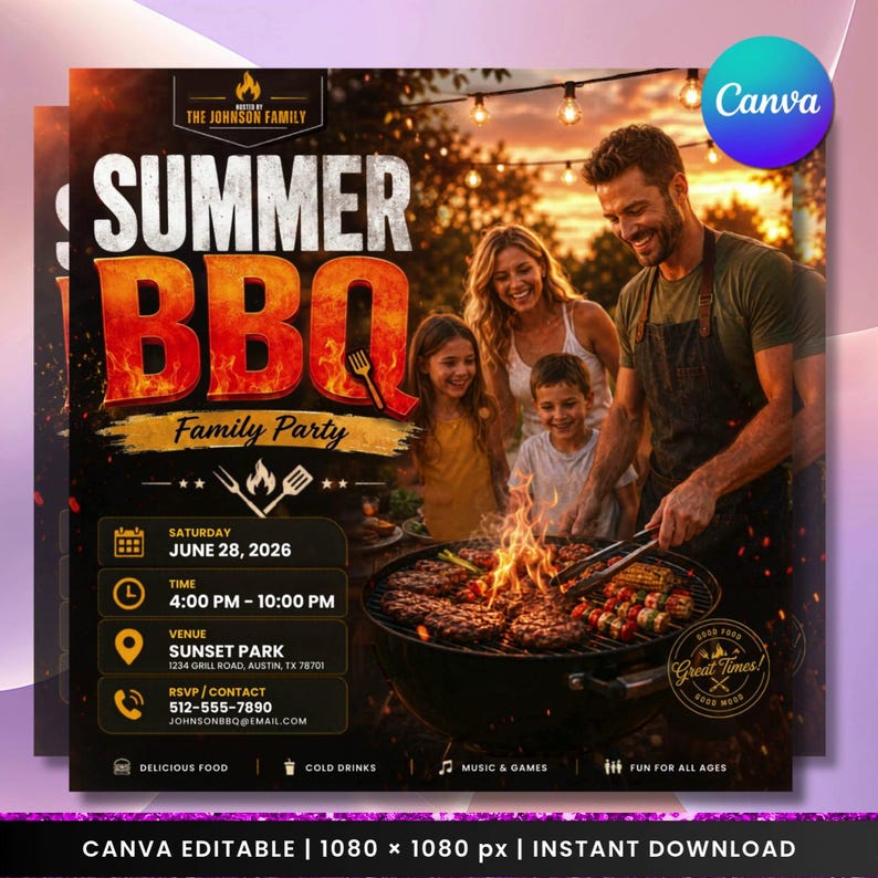 Summer BBQ Family Party Flyer | Editable Canva Invitation (digital ...