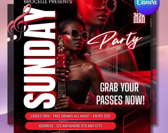 Sunday Party Flyer Template | Red Black Nightclub Social Media Post (Canva Editable)