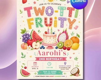 Two Sweet Fruity Birthday Invitation, 2nd Birthday Fruit Party Flyer (Digital Download)