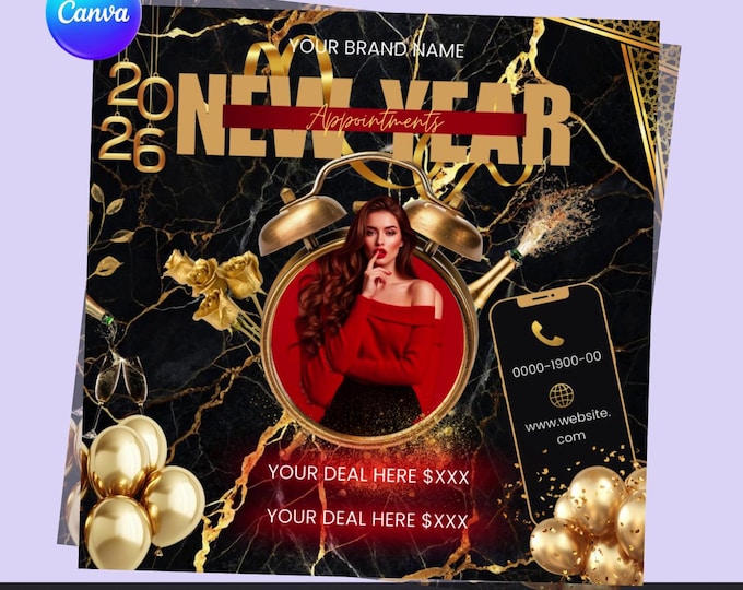 New Year Booking Flyer – Editable Canva Template – Luxury Black & Gold Appointment Flyer – New Year Sale – Digital Download