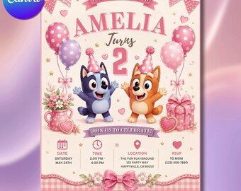 Pink Heeler Puppy Birthday Invitation Canva Template, Blue Dog Girl 2nd Birthday Flyer, Cute Dog Party Invite Letter Size (Digital Download)