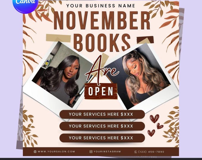 November Salon Booking Flyer: Editable Canva Template (Digital Download)