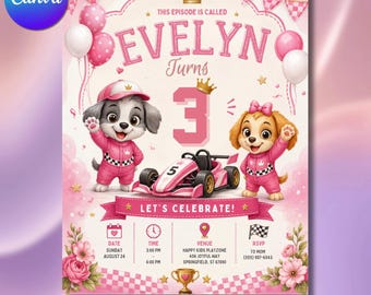 Pink Puppy Race Car Birthday Invitation Canva Template, Pink Go Kart Girl 3rd Birthday Flyer, Racecar Puppy Party Invite, 8.5x11 (Digital)