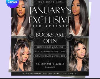 Exclusieve boekingsflyer voor januari – bewerkbare canva-sjabloon – salon- en haarpromotie – digitale download