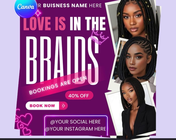 March Braids Booking Flyer – Editable Canva Template (Digital Download)