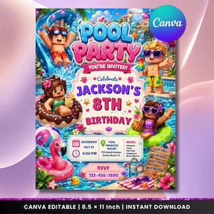 May include: A digital pool party invitation featuring block-style characters in a water park setting. Text includes POOL PARTY, YOU'RE INVITED, Celebrate JACKSON'S 8TH BIRTHDAY, Saturday July 25, 4:00 PM, Pool Paradise Resort, 123 Splash Avenue, Sunny Beach, FL, and RSVP 123-456-7890.