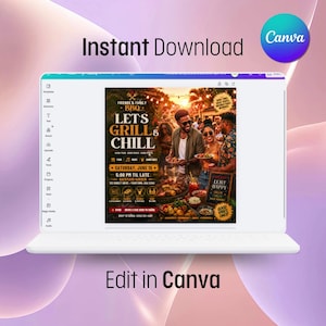 May include: A laptop screen displays a BBQ flyer with the text "Let's Grill & Chill." The flyer includes event details, food, and people. The words "Instant Download" and "Edit in Canva" are also visible.