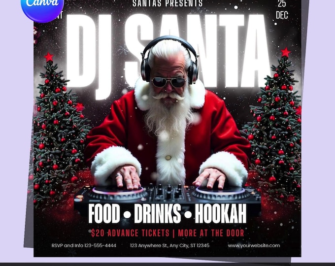 DJ Santa Party Flyer – Editable Canva Template | Holiday Event Invitation | Digital Download