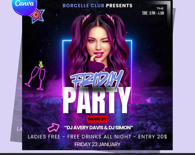 Neon Friday Party Flyer Template, Canva Editable (Digital Download)