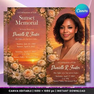 Könnte beinhalten: Eine Gedenkanzeige mit Sonnenuntergangshintergrund und floralen Akzenten. Der Text lautet "Sunset Memorial" und "Danielle R. Foster". Auf der rechten Seite befindet sich ein Porträt einer Frau. Die Anzeige enthält Daten und Uhrzeiten.