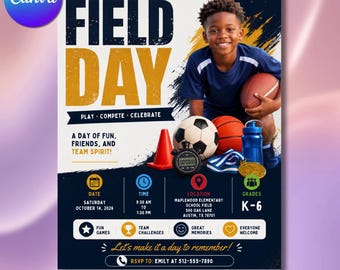 School Field Day Booking Flyer Template, Sports Day Event Invite, Kids Athletic Sports Party Canva Template (Digital Download)