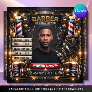 May include: A promotional graphic for a barber shop, featuring a portrait of a man with a beard. The design includes barber tools, a price list for services, and the text "BARBER SPECIAL OFFER" in gold lettering. The image has a dark, luxurious aesthetic.