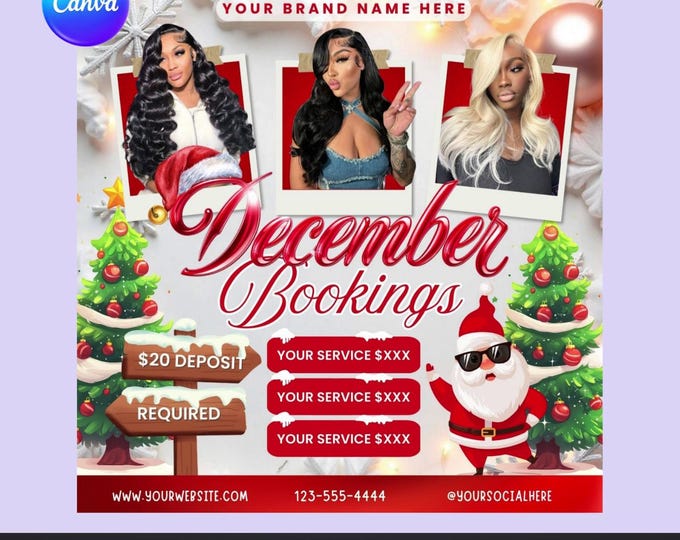 December Bookings Flyer – Christmas Hair Salon Flyer | Editable Canva Template | Digital Download