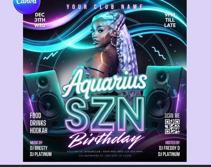 Aquarius Birthday Flyer Canva Template | Aquarius SZN Party Flyer | Editable Birthday Club Flyer | Night Club Event
