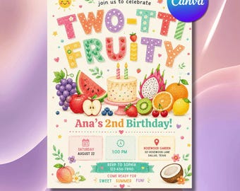Two Sweet Fruity Birthday Invitation, 2nd Birthday Fruit Party Flyer (Digital Download)
