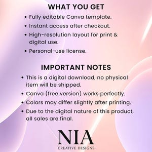 May include: A digital design advertisement with a soft pink and purple gradient background. Text includes "WHAT YOU GET" and "IMPORTANT NOTES" with bullet points detailing the product's features and terms. The logo for "NIA CREATIVE DESIGNS" is at the bottom.