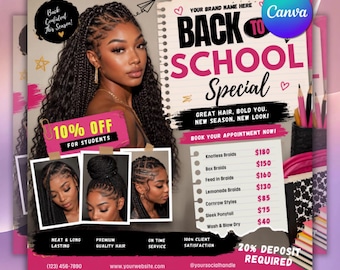 Back To School Braids Flyer, Lemonade Braids Price List, Canva Editable (Digital Download)