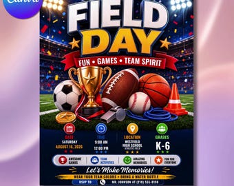 School Field Day Event Flyer Template, Sports Day Invitation, Canva Editable (Digital Download)