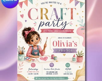 Craft Party Invitation Template Canva, Pastel Art Birthday Party Flyer, Cute Painting Crafting Birthday Invite (Digital Download)