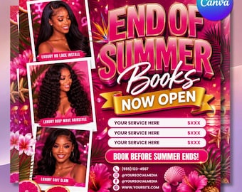 End of Summer Booking Flyer, Tropical Sunset Canva Template (Digital Download)