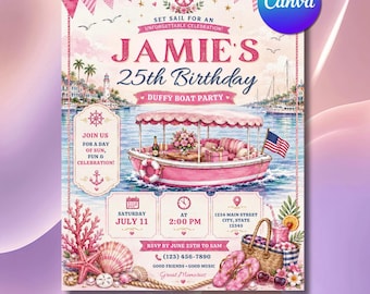 Pink Duffy Boat Birthday Invitation, Coastal Harbor Cruise Party Invite (Digital Download)