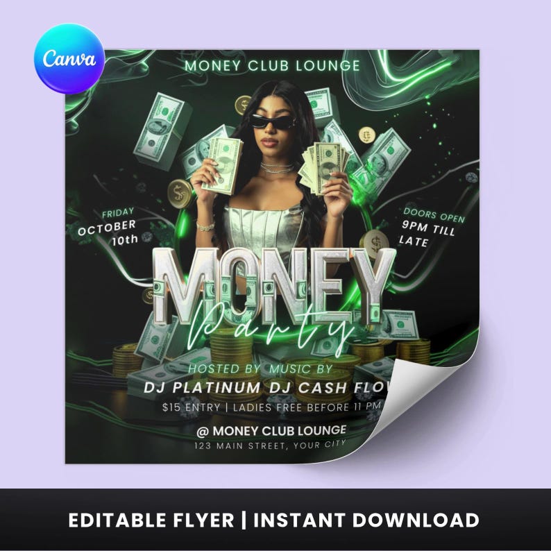 Money Club Party Flyer: Editable Canva Template (digital Download) - Etsy