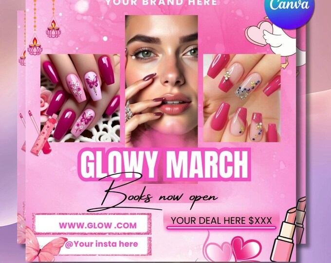 Glowy March Booking Flyer Canva Template | Pink Butterfly Nail Tech Social Media Post | Hair Lash MUA Appointment (Digital Download)