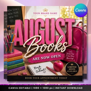 May include: A digital graphic featuring the pink 3D text AUGUST Books ARE NOW OPEN, a stack of colorful notebooks, a pink backpack, a red apple, a pen, and a notepad with the text Back to School! written on it, plus a badge stating LIMITED SPOTS AVAILABLE.