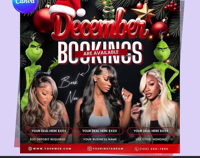 Grinch Christmas Hair Salon Flyer – Editable Canva Template | Holiday Appointment Promotion | Digital Download