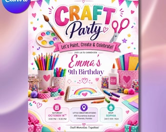 Craft Party Invitation Canva Template, Rainbow Birthday Flyer (Digital Download)