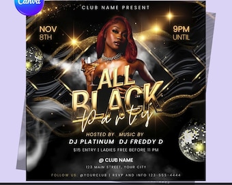 All Black Party Flyer – Editable Canva Template (Digital Download)