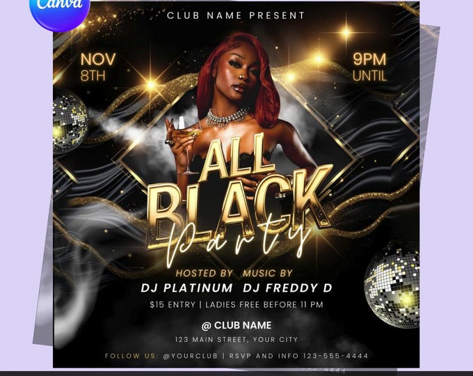 All Black Party Flyer – Editable Canva Template (Digital Download)