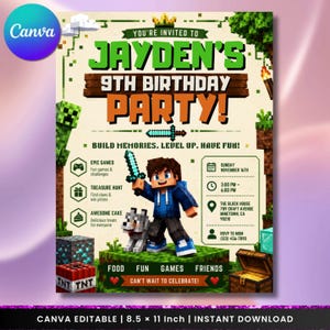 Editable Minecraft Birthday Party Invitation Template, Pixel Gamer Boy Crafting Flyer, Blue Hoodie Gamer Wolf Canva