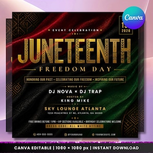 Op de afbeelding: Een flyer voor een Juneteenth-evenement met een kleurenschema van zwart, rood en groen. De woorden "JUNETEENTH FREEDOM DAY" zijn in goud. De flyer bevat evenementdetails zoals datum, locatie en dresscode.