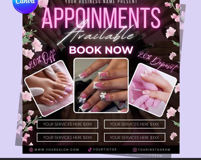 Nails Salon Booking Flyer: Editable Canva Template (Digital Download)