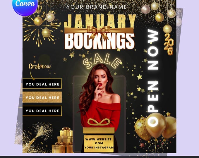 January Booking Flyer Canva Template | New Year Sale Flyer | Editable Beauty Salon Appointment Flyer | Black Gold