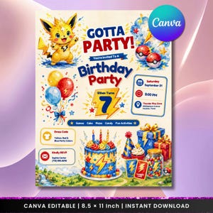 May include: A birthday party invitation template featuring a yellow electric creature, balloons, a cake, and gift boxes. The text reads Gotta Party! Birthday Party, Ethan Turns 7, Saturday September 21, 2:00 PM, Thunder Play Zone, and RSVP details.